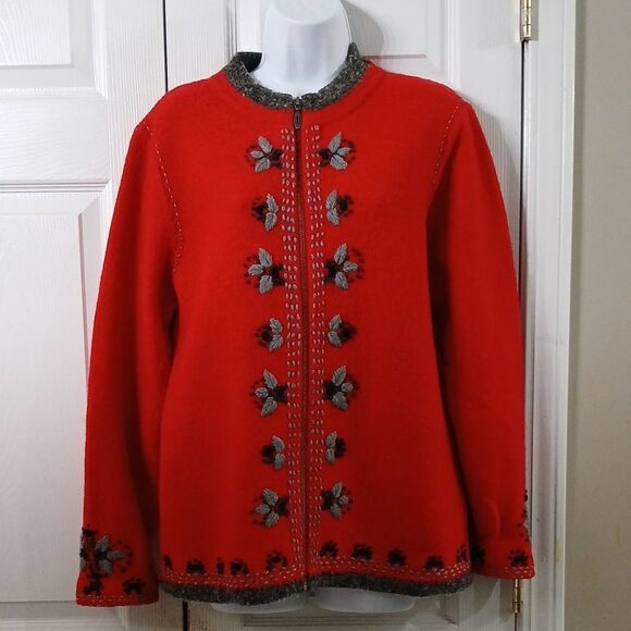 Christopher & Banks red gray wool blend zip up jacket Sz L EUC - Picture 1 of 8